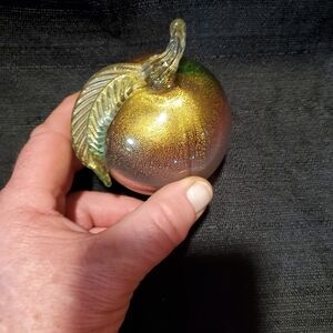 Shimmering Gold Glass Apple with Leaf Design